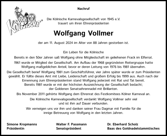Anzeige von Wolfgang Vollmer von Kölner Stadt-Anzeiger / Kölnische Rundschau / Express