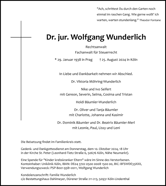 Anzeige von Wolfgang Wunderlich von Kölner Stadt-Anzeiger / Kölnische Rundschau / Express
