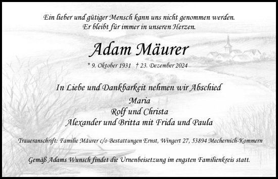 Anzeige von Adam Mäurer von  Blickpunkt Euskirchen 