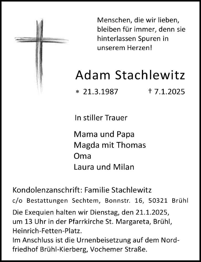  Traueranzeige für Adam Stachlewitz vom 17.01.2025 aus  Schlossbote/Werbekurier 