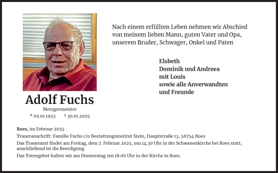 Anzeige von Adolf Fuchs von Kölner Stadt-Anzeiger / Kölnische Rundschau / Express