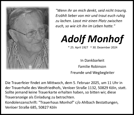 Anzeige von Adolf Monhof von Kölner Stadt-Anzeiger / Kölnische Rundschau / Express