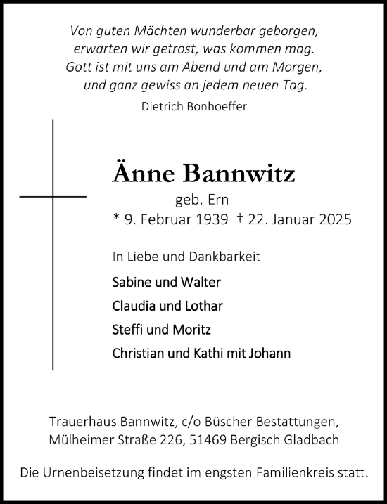 Anzeige von Änne Bannwitz von  Bergisches Handelsblatt 
