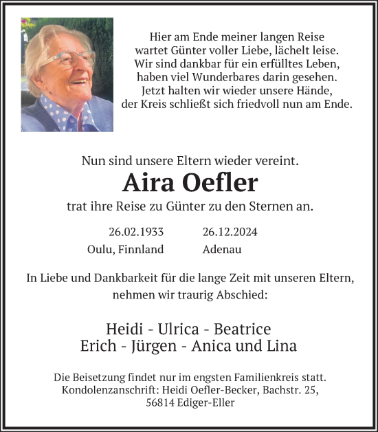 Anzeige von Aira Oefler von Kölner Stadt-Anzeiger / Kölnische Rundschau / Express