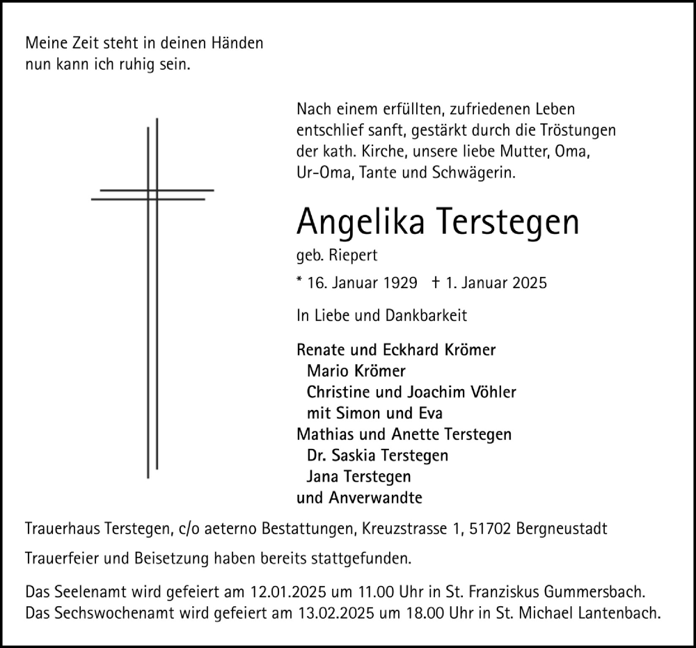  Traueranzeige für Angelika Terstegen vom 10.01.2025 aus  Anzeigen Echo 