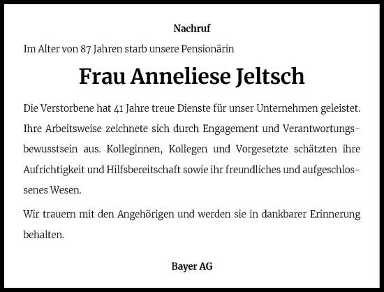 Anzeige von Anneliese Jeltsch von Kölner Stadt-Anzeiger / Kölnische Rundschau / Express