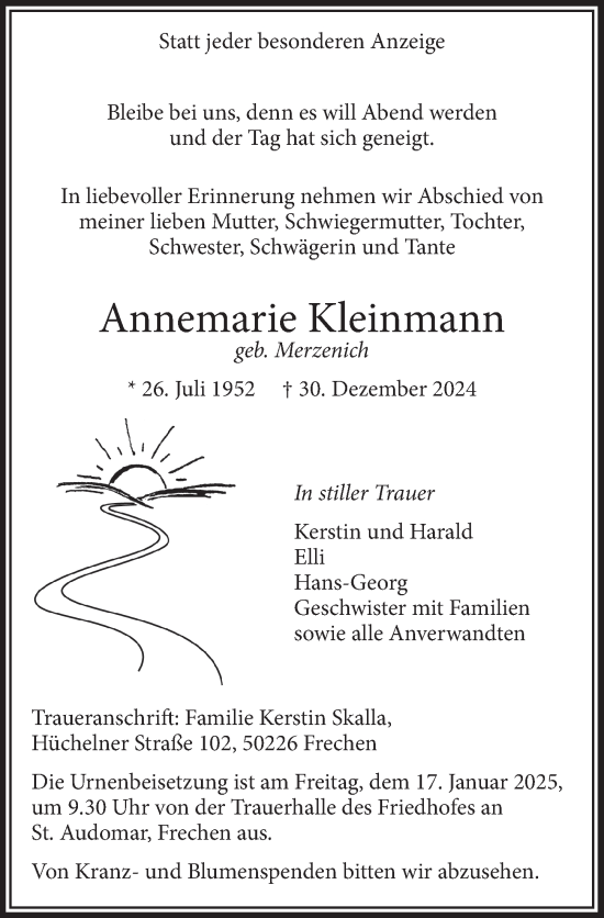 Anzeige von Annemarie Kleinmann von  Wochenende 