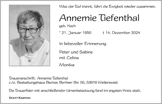 Anzeige von Annemie Tiefenthal von  Blickpunkt Euskirchen 