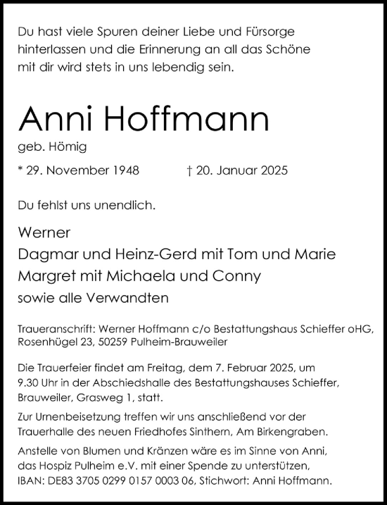 Anzeige von Anni Hoffmann von  Wochenende 