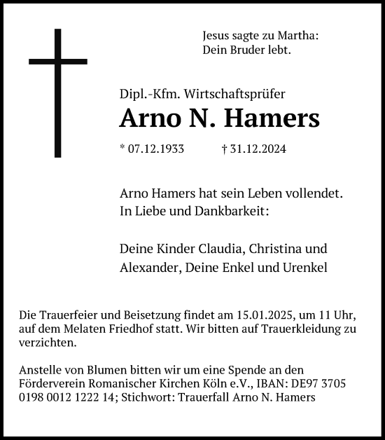 Anzeige von Arno N. Hamers von Kölner Stadt-Anzeiger / Kölnische Rundschau / Express
