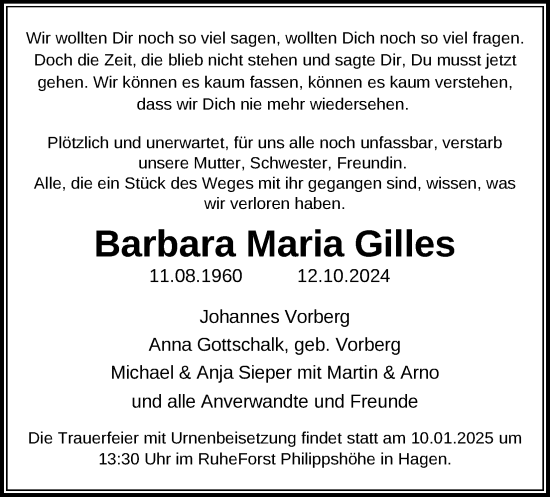 Anzeige von Barbara  Gilles von Kölner Stadt-Anzeiger / Kölnische Rundschau / Express