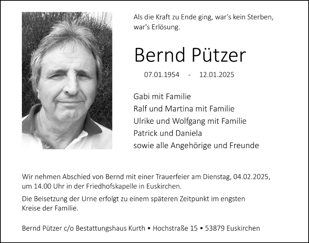  Traueranzeige für Bernd Pützer vom 25.01.2025 aus  Blickpunkt Euskirchen 