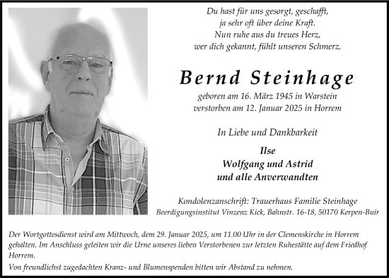 Anzeige von Bernd Steinhage von  Werbepost 