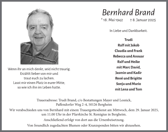 Anzeige von Bernhard Brand von  Werbepost 