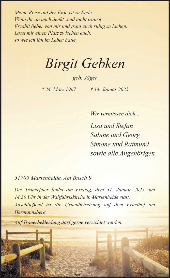 Anzeige von Birgit Gebken von  Anzeigen Echo 