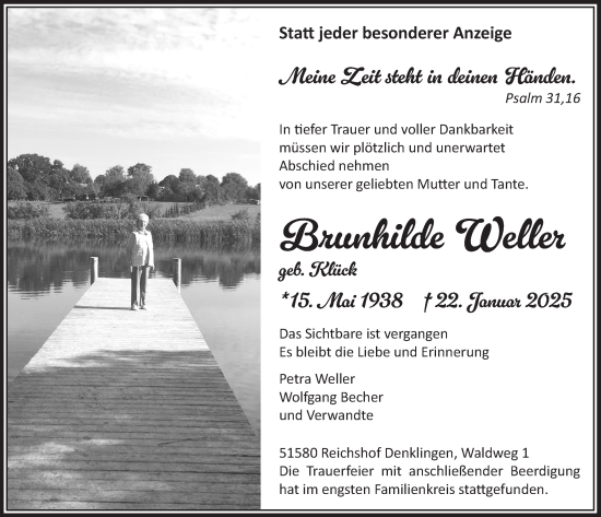 Anzeige von Brunhilde Weller von  Lokalanzeiger 