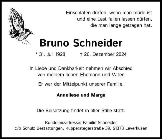 Anzeige von Bruno Schneider von Kölner Stadt-Anzeiger / Kölnische Rundschau / Express