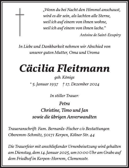 Anzeige von Cäcilia Fleitmann von  Werbepost 