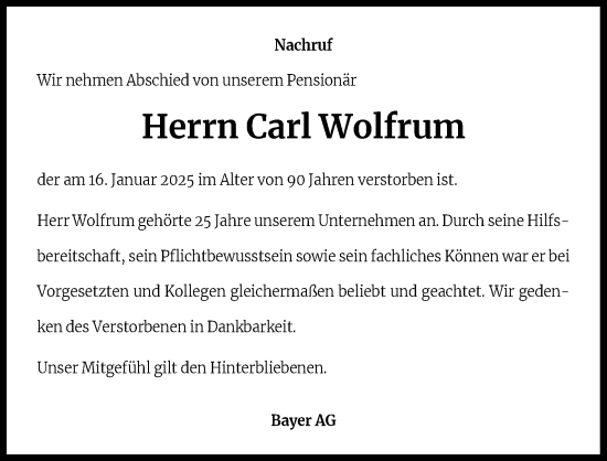 Anzeige von Carl Wolfrum von Kölner Stadt-Anzeiger / Kölnische Rundschau / Express