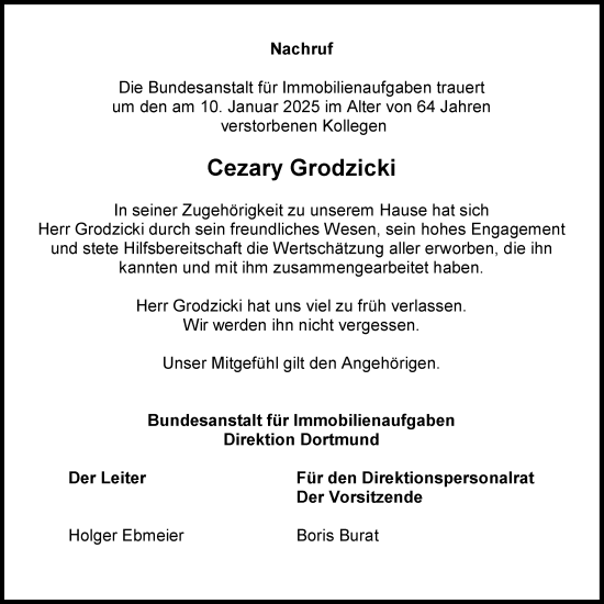 Anzeige von Cezary Grodzicki von Kölner Stadt-Anzeiger / Kölnische Rundschau / Express