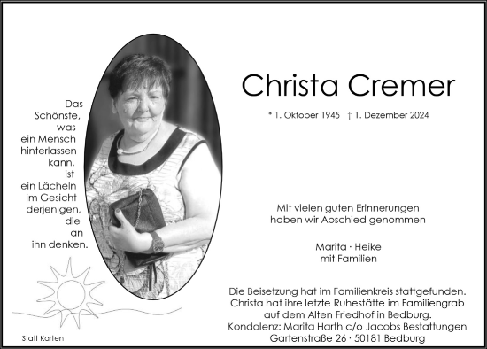 Anzeige von Christa Cremer von  Werbepost 