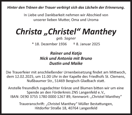 Anzeige von Christa Manthey von  Bergisches Handelsblatt 