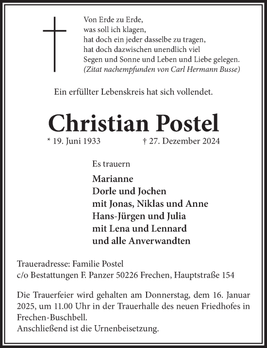 Anzeige von Christian Postel von  Wochenende 