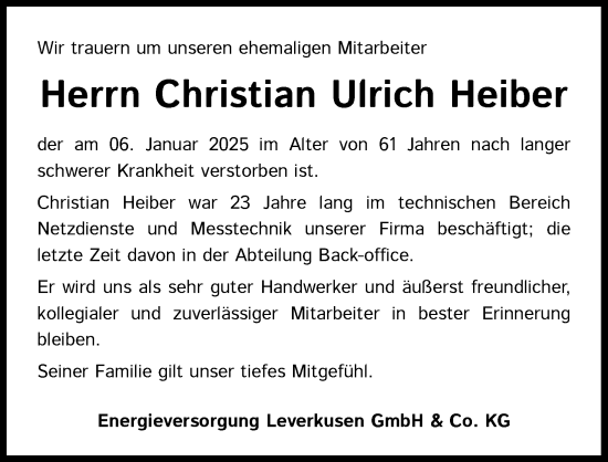 Anzeige von Christian Ulrich Heiber von Kölner Stadt-Anzeiger / Kölnische Rundschau / Express