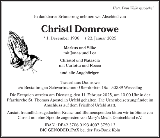 Anzeige von Christl Domrowe von  Schlossbote/Werbekurier 