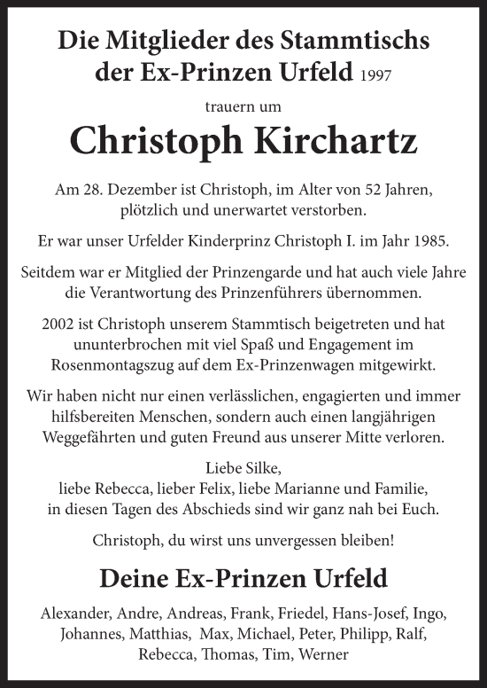 Anzeige von Christoph Kirchartz von  Schlossbote/Werbekurier 