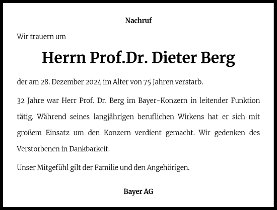 Anzeige von Dieter Berg von Kölner Stadt-Anzeiger / Kölnische Rundschau / Express