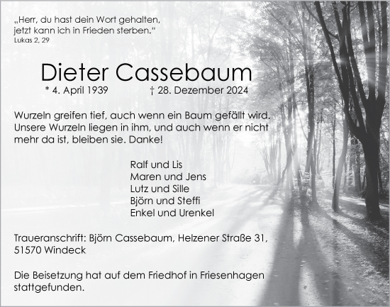 Anzeige von Dieter Cassebaum von  Lokalanzeiger 