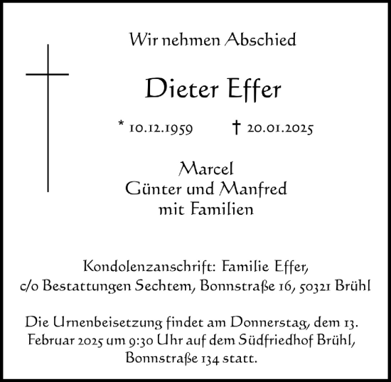 Anzeige von Dieter Effer von  Schlossbote/Werbekurier 