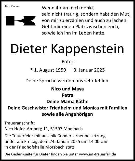 Anzeige von Dieter Kappenstein von  Lokalanzeiger 