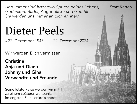 Anzeige von Dieter Peels von Kölner Stadt-Anzeiger / Kölnische Rundschau / Express