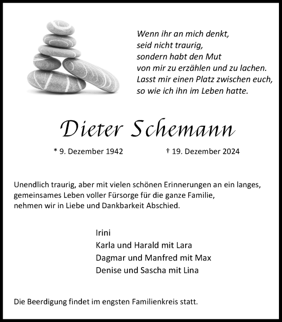 Anzeige von Dieter Schemann von Kölner Stadt-Anzeiger / Kölnische Rundschau / Express