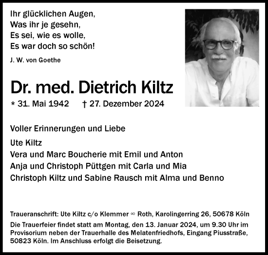 Anzeige von Dietrich Kiltz von Kölner Stadt-Anzeiger / Kölnische Rundschau / Express