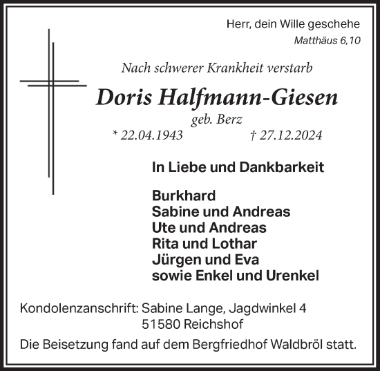 Anzeige von Doris Halfmann-Giesen von  Lokalanzeiger 