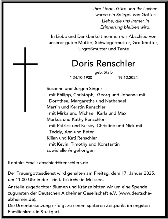 Anzeige von Doris Renschler von Kölner Stadt-Anzeiger / Kölnische Rundschau / Express