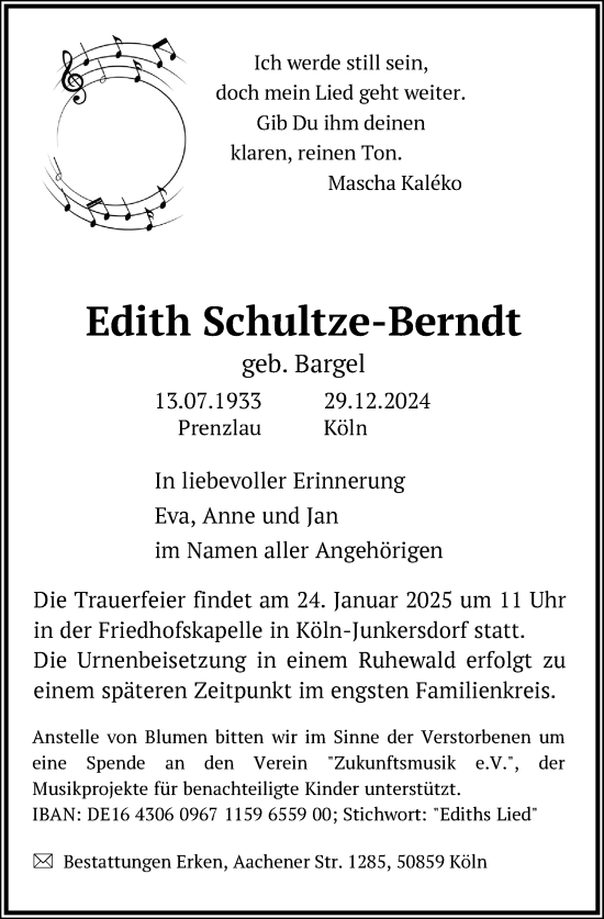 Anzeige von Edith Schultze-Berndt von Kölner Stadt-Anzeiger / Kölnische Rundschau / Express