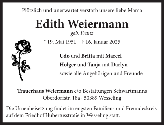 Anzeige von Edith Weiermann von  Schlossbote/Werbekurier 