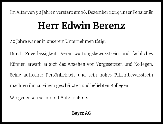 Anzeige von Edwin Berenz von Kölner Stadt-Anzeiger / Kölnische Rundschau / Express