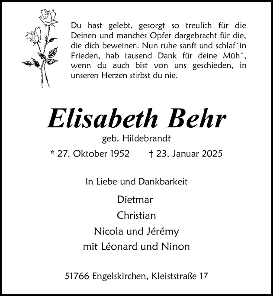 Anzeige von Elisabeth Behr von  Anzeigen Echo 