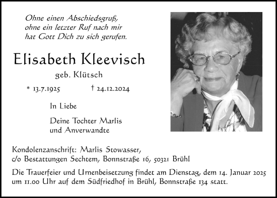Anzeige von Elisabeth Kleevisch von  Schlossbote/Werbekurier 