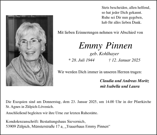 Anzeige von Emmy Pinnen von  Blickpunkt Euskirchen 