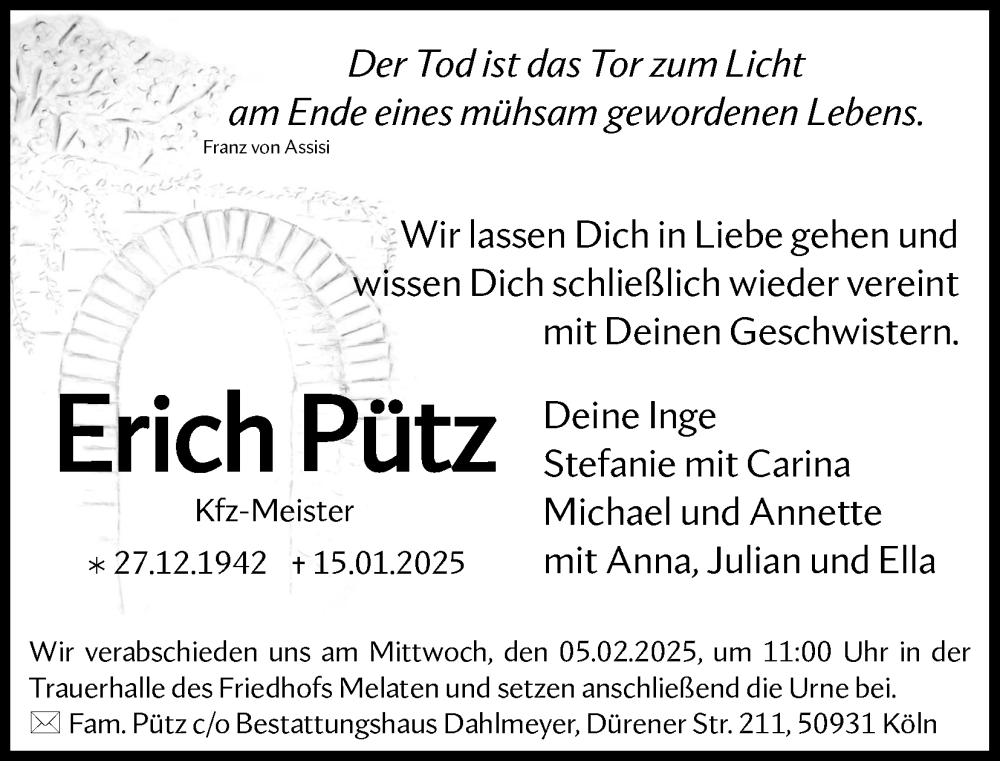  Traueranzeige für Erich Pütz vom 25.01.2025 aus Kölner Stadt-Anzeiger / Kölnische Rundschau / Express