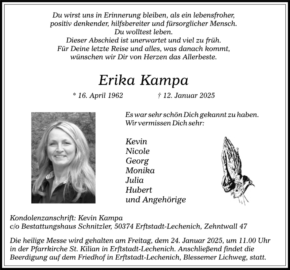  Traueranzeige für Erika Kampa vom 24.01.2025 aus  Werbepost 