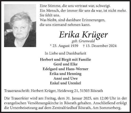 Anzeige von Erika Krüger von  Bergisches Handelsblatt 