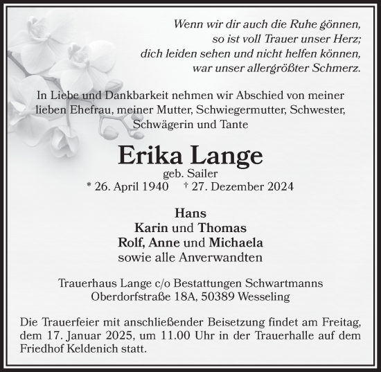 Anzeige von Erika Lange von  Schlossbote/Werbekurier 