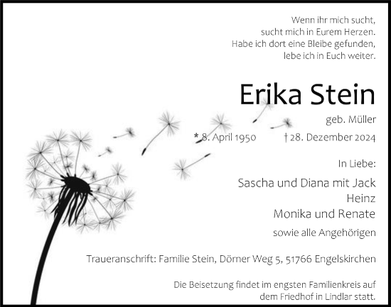 Anzeige von Erika Stein von  Anzeigen Echo 